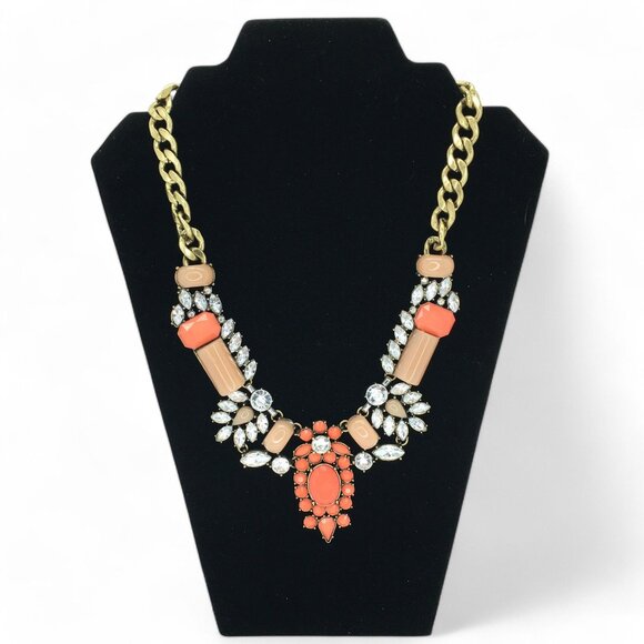 Statement Necklace Gold Tone Coral, Tan, and Rhinestone Bib Chunky Glam Jewelry - Picture 1 of 9
